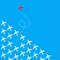 Think differently. A red plane changing direction from the white planes. Different, courage, unique, leadership, change, creative.